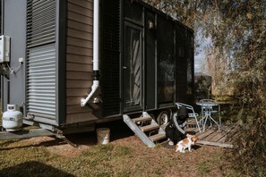 A mobile home with a porch, a gas tank, and a dog.