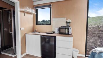 A compact kitchen with a sink, a microwave, and a dishwasher.