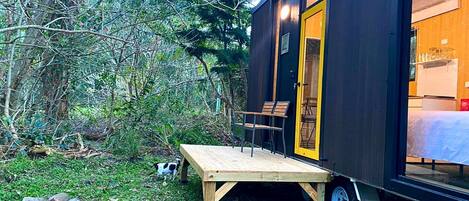Eine kleine, dunkel gefärbte Holzhütte mit einer Holzterrasse und einer Bank, umgeben von Bäumen und Grünpflanzen.