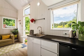 A compact kitchen with a sink, a countertop, and a view of greenery outside.