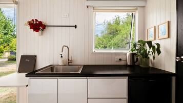 A modern kitchen with a black countertop, white cabinets, a stainless steel sink, and a window with a view of greenery.