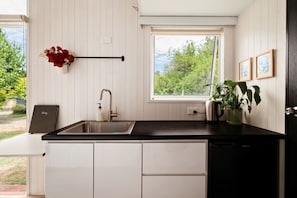 A modern kitchen with a black countertop, white cabinets, a stainless steel sink, and a window with a view of greenery.