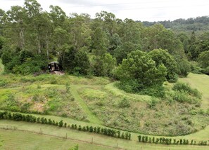 A rural landscape with a house surrounded by dense trees and rolling hills.