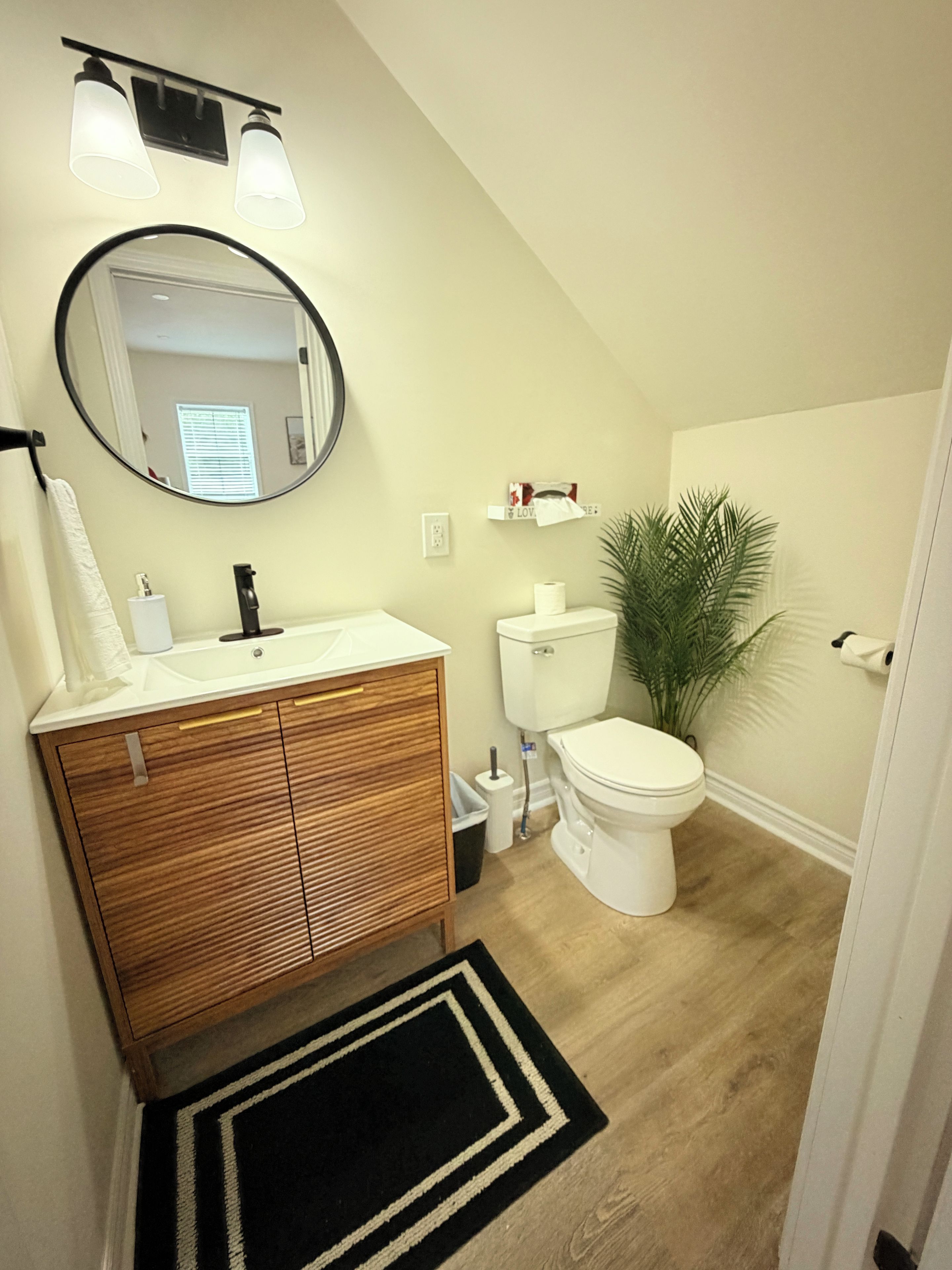 Et badeværelse med et trækommode, toilet, spejl og en potteplante.