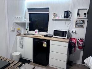 A compact kitchenette with a microwave, sink, and a small refrigerator.