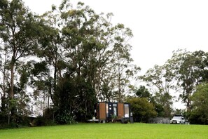 A modern, compact cabin with a wooden exterior, surrounded by a lush green lawn and tall trees.