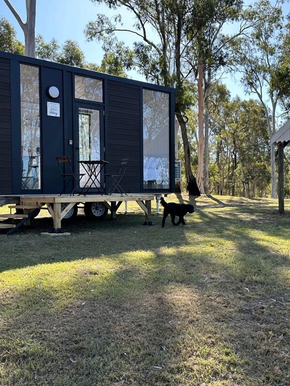 A modern, dark-colored mobile home with a small deck and a dog nearby.