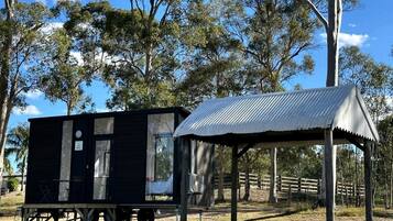 A small, dark-colored mobile home with a metal roof and a separate structure with a corrugated metal roof.