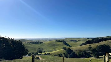Un paysage rural avec des collines ondoyantes, un ciel dégagé et une clôture en bois au premier plan.