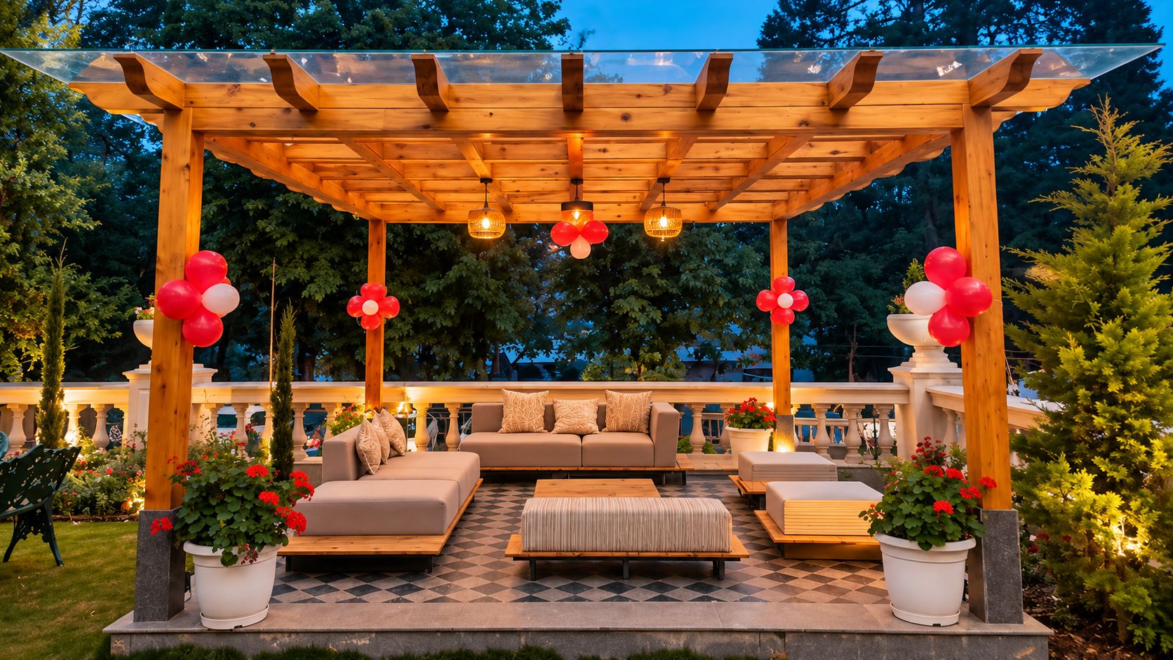 An outdoor patio area with a wooden pergola, seating arrangements, and potted plants.