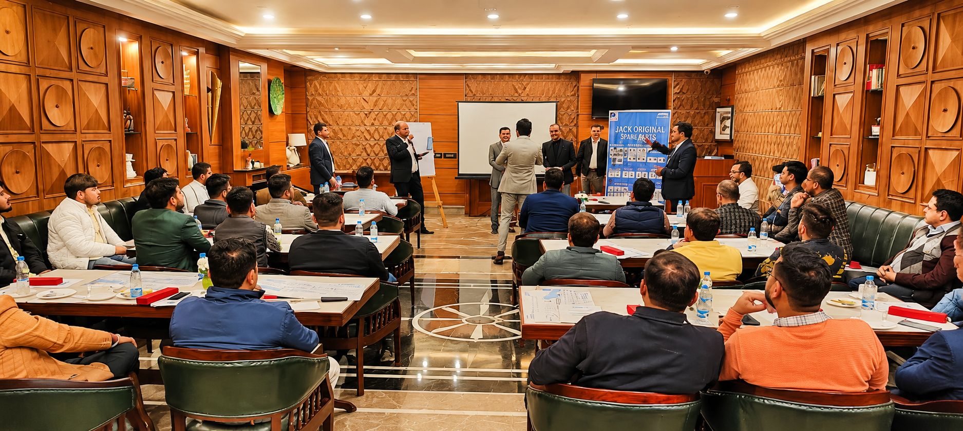 Une salle de conférence équipée pour les présentations, comprenant un pupitre, un écran et des participants assis à des tables.