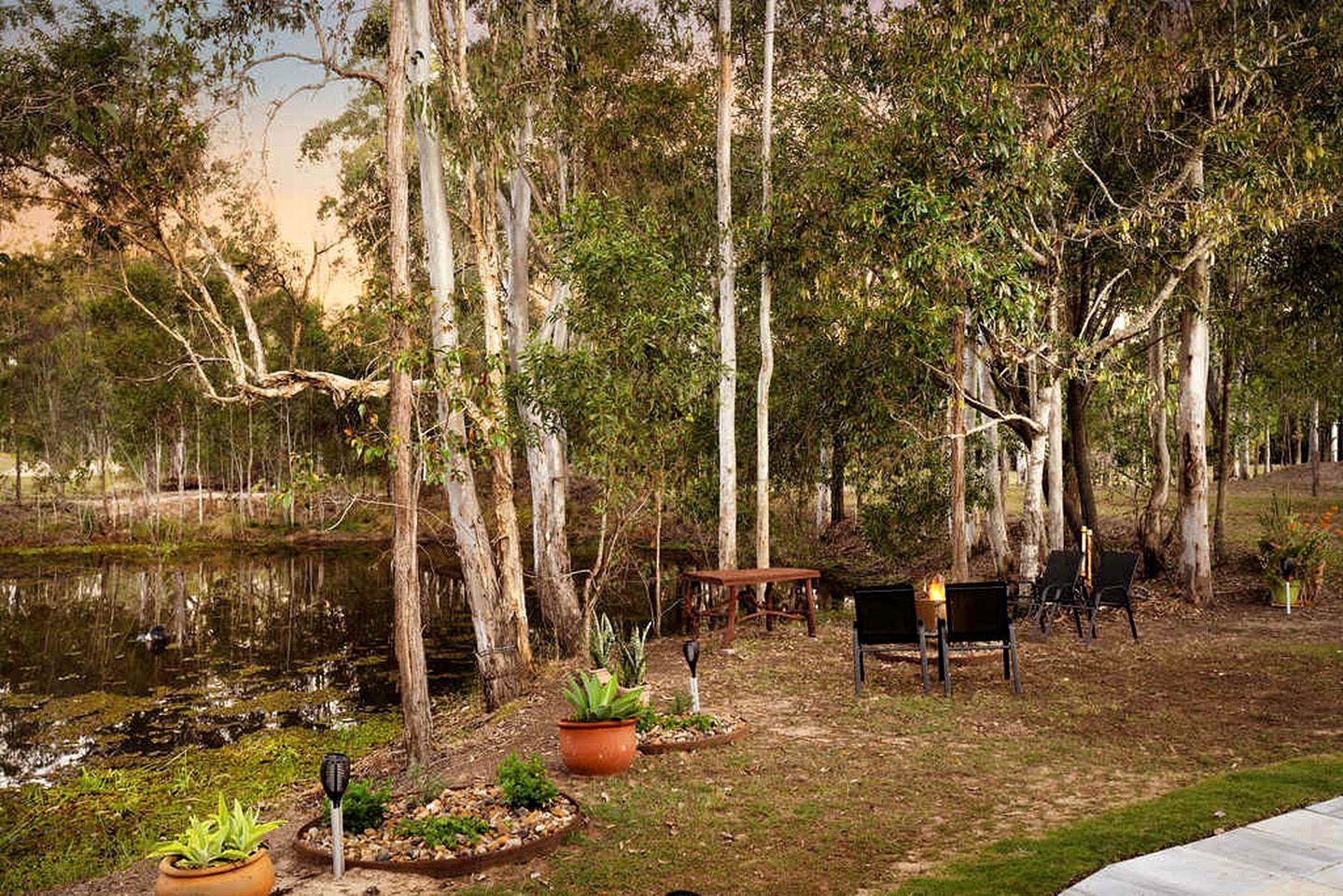 A serene outdoor setting with a wooden table and chairs, surrounded by trees and a small pond.
