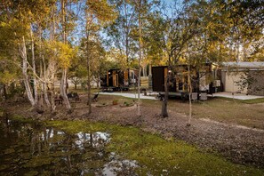 A campsite with cabins, a small pond, and trees.