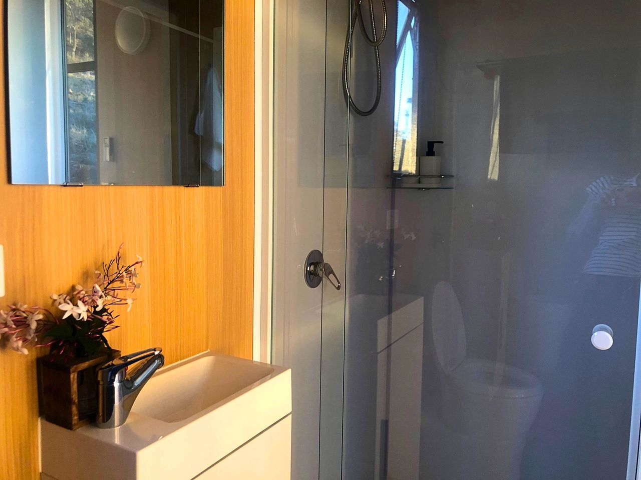 A bathroom with a glass shower enclosure, a white sink, and a wooden vanity.