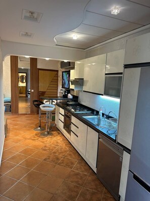 Eine moderne Küche mit Gasherd, Spüle und Kühlschrank.