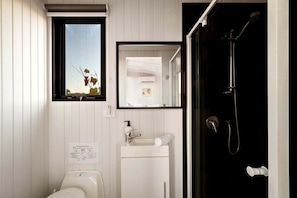 A bathroom with a toilet, sink, mirror, and shower.