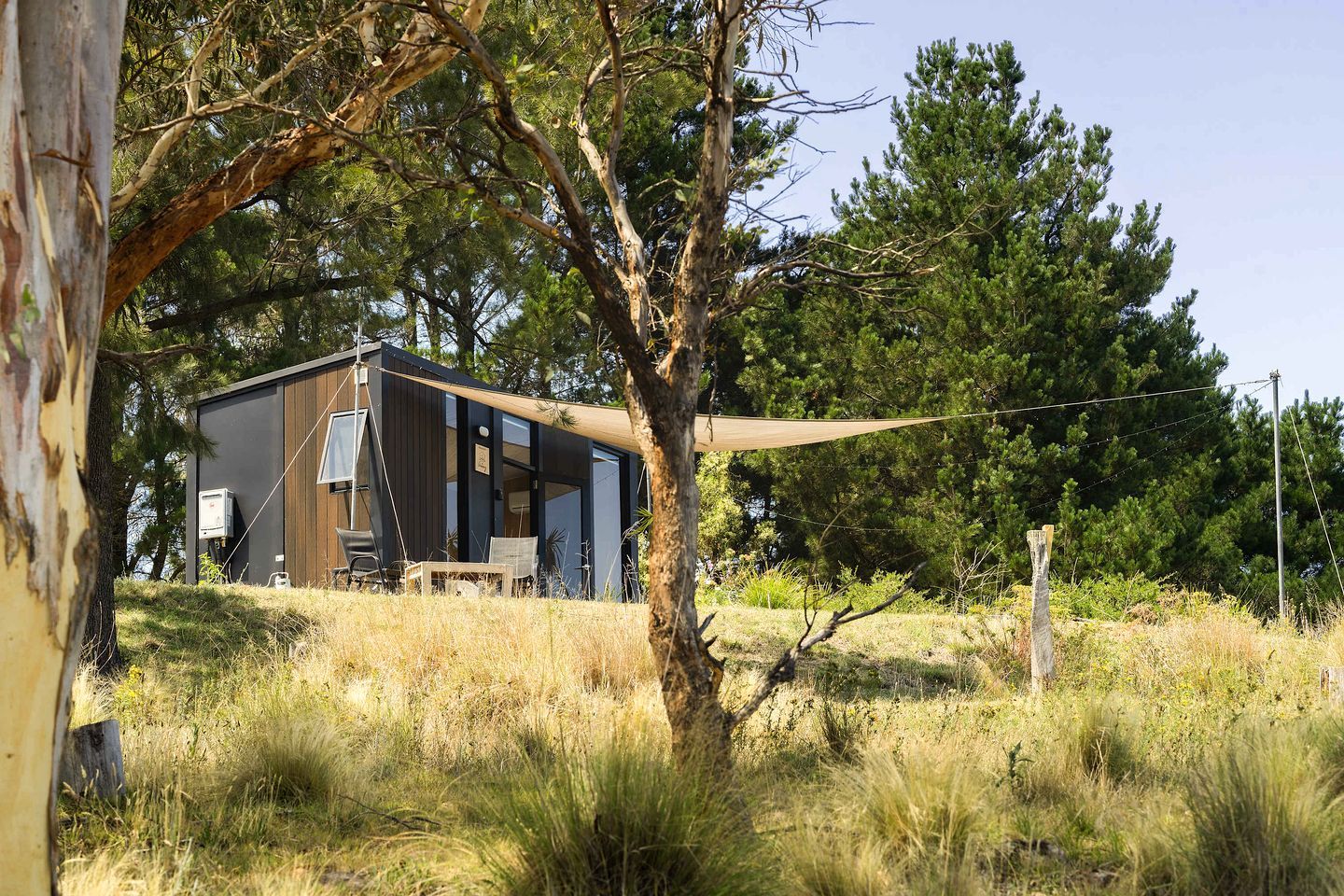 Une cabane moderne avec une façade en bois, une petite terrasse et une vue dégagée sur la forêt environnante.