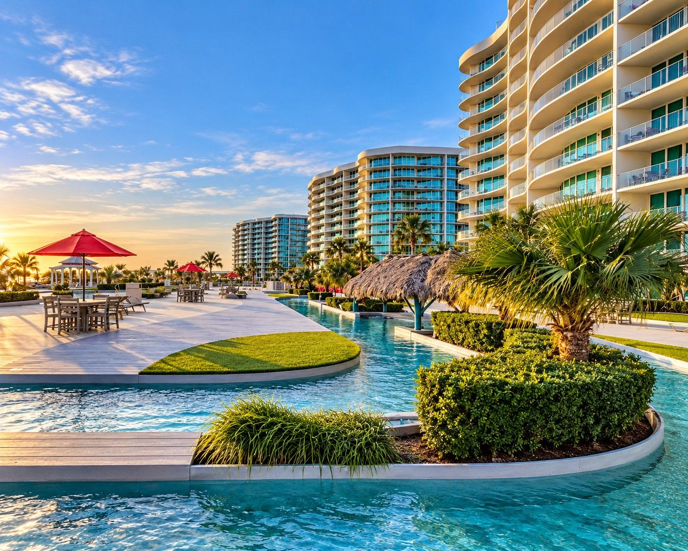 A resort pool area with a circular pool, lounge chairs, and a thatched-roof structure.