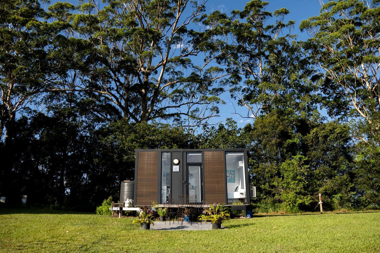 A modern, compact cabin with a flat roof, surrounded by lush greenery and trees.