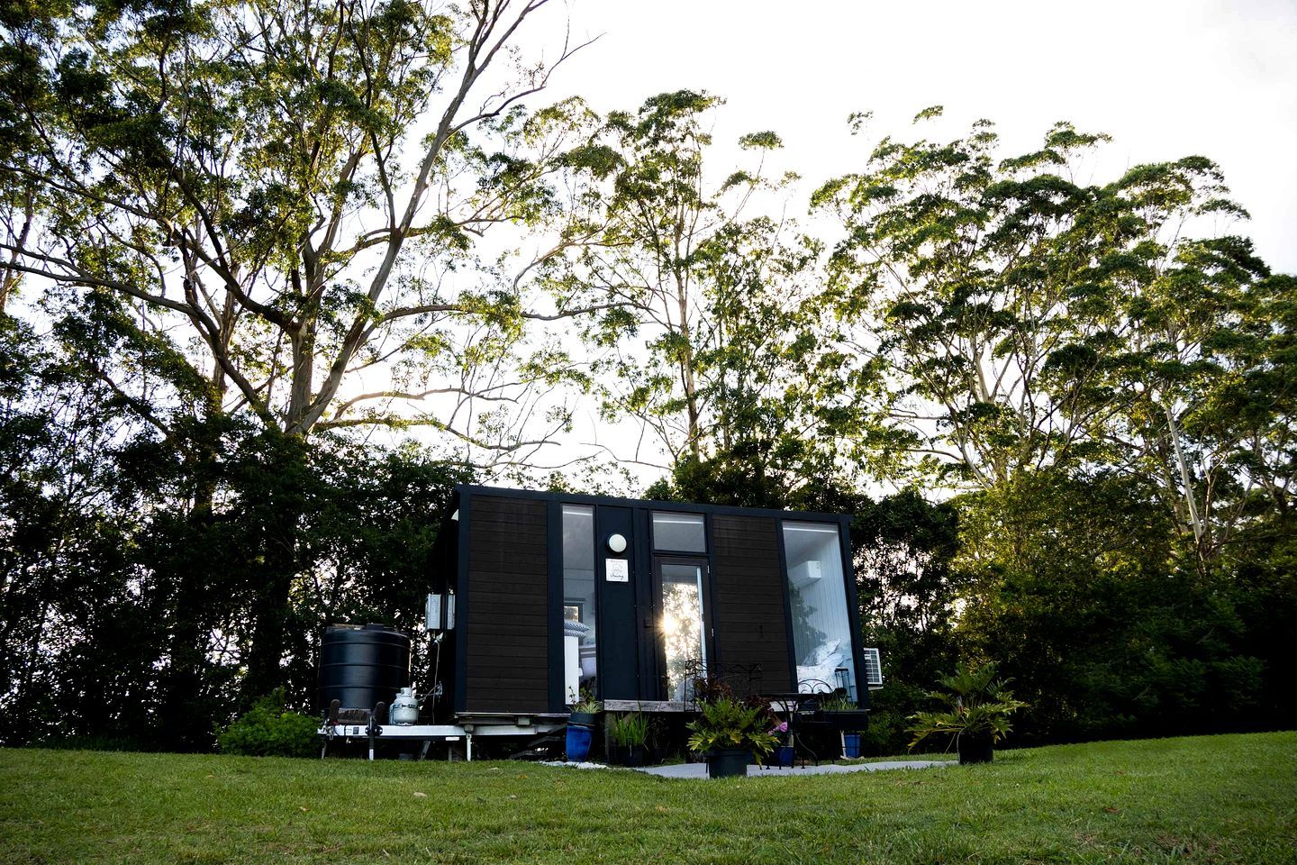 A modern, dark-colored building with a flat roof, surrounded by lush greenery and trees.