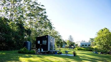 A modern house with a small deck, surrounded by a well-maintained lawn and trees.