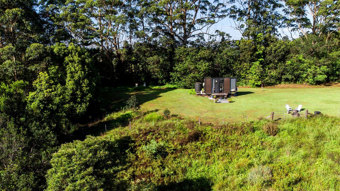 A small cabin with a single room, surrounded by a grassy area and dense trees.