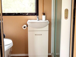 A compact bathroom with a white sink, a toilet, and a glass shower enclosure.