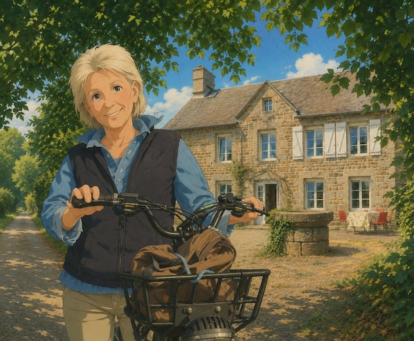 A person standing beside a bicycle with a basket, in front of a stone house with a garden.