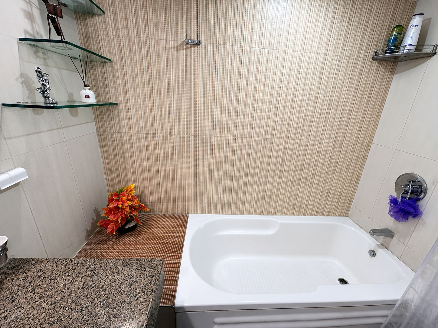 Un baño con una bañera, un estante de vidrio con artículos de aseo y una planta decorativa.