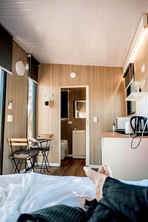 A modern room with a bed, a desk, and a kitchenette.