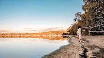 A person walking along a dirt path beside a calm lake with trees reflecting in the water.