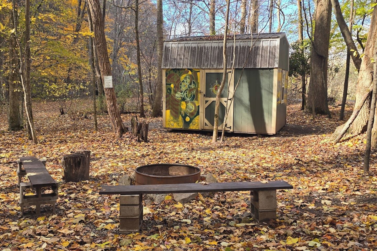 A rustic outdoor setting with a wooden bench, a metal fire pit, and a small shed with colorful graffiti.