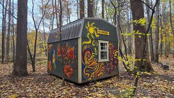 A small, rustic cabin with colorful graffiti art, surrounded by a forest with autumn leaves.