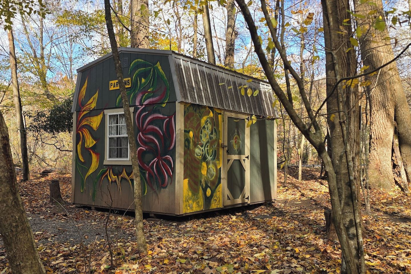 Una cabaña pequeña y rústica con techo inclinado, rodeada de árboles y cubierta con grafitis coloridos.