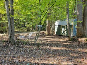 A forested area with a small cabin and a bench. - The Parsons - Cabin CB1 (Parsons)