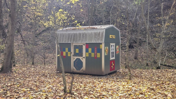 A small, single-story cabin with a metal roof, surrounded by a forest with fallen leaves.