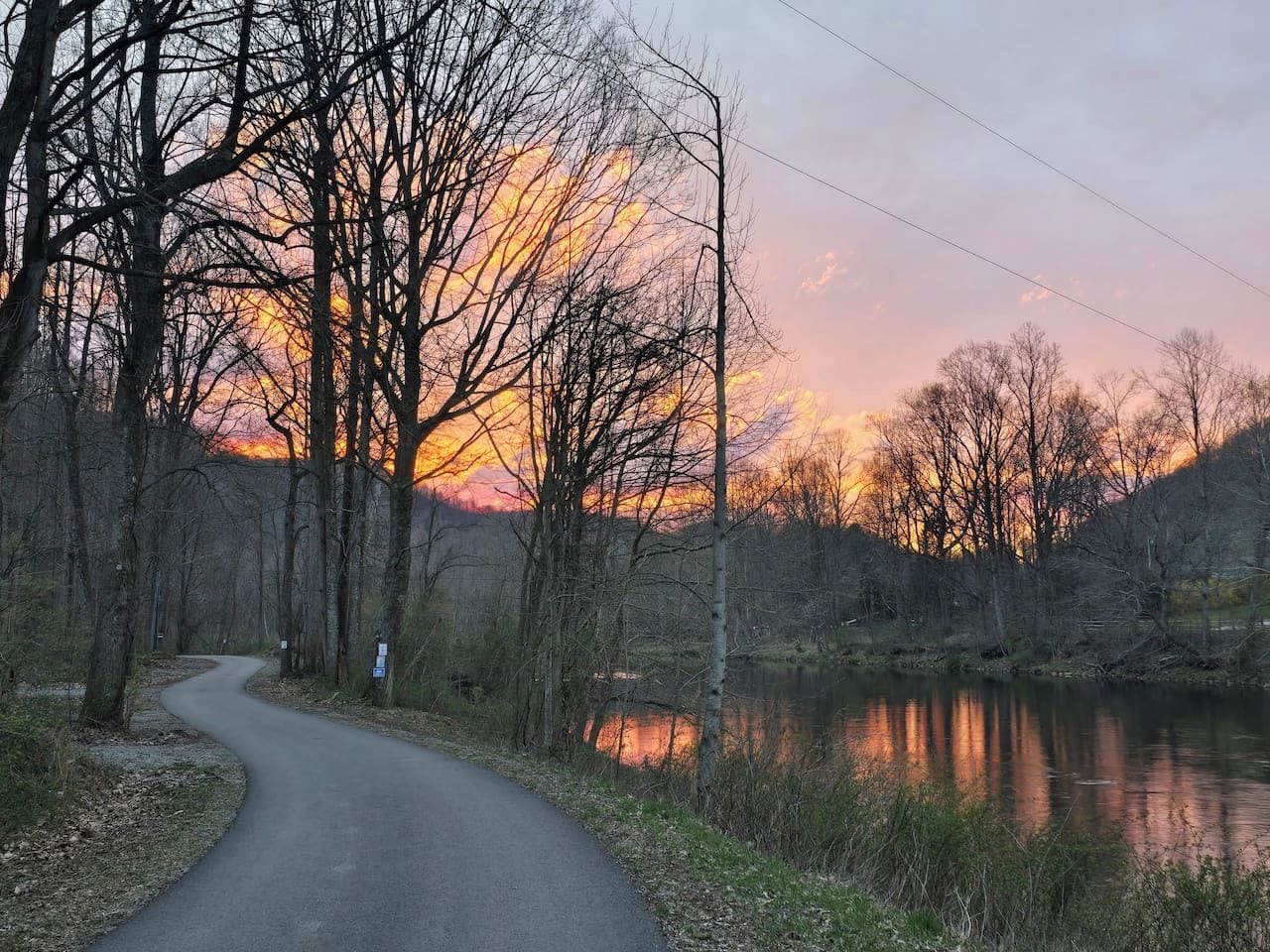 Eine kurvenreiche Straße durch ein bewaldetes Gebiet mit einem Gewässer an der Seite.