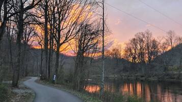 Eine kurvenreiche Straße durch ein bewaldetes Gebiet mit einem Gewässer an der Seite.