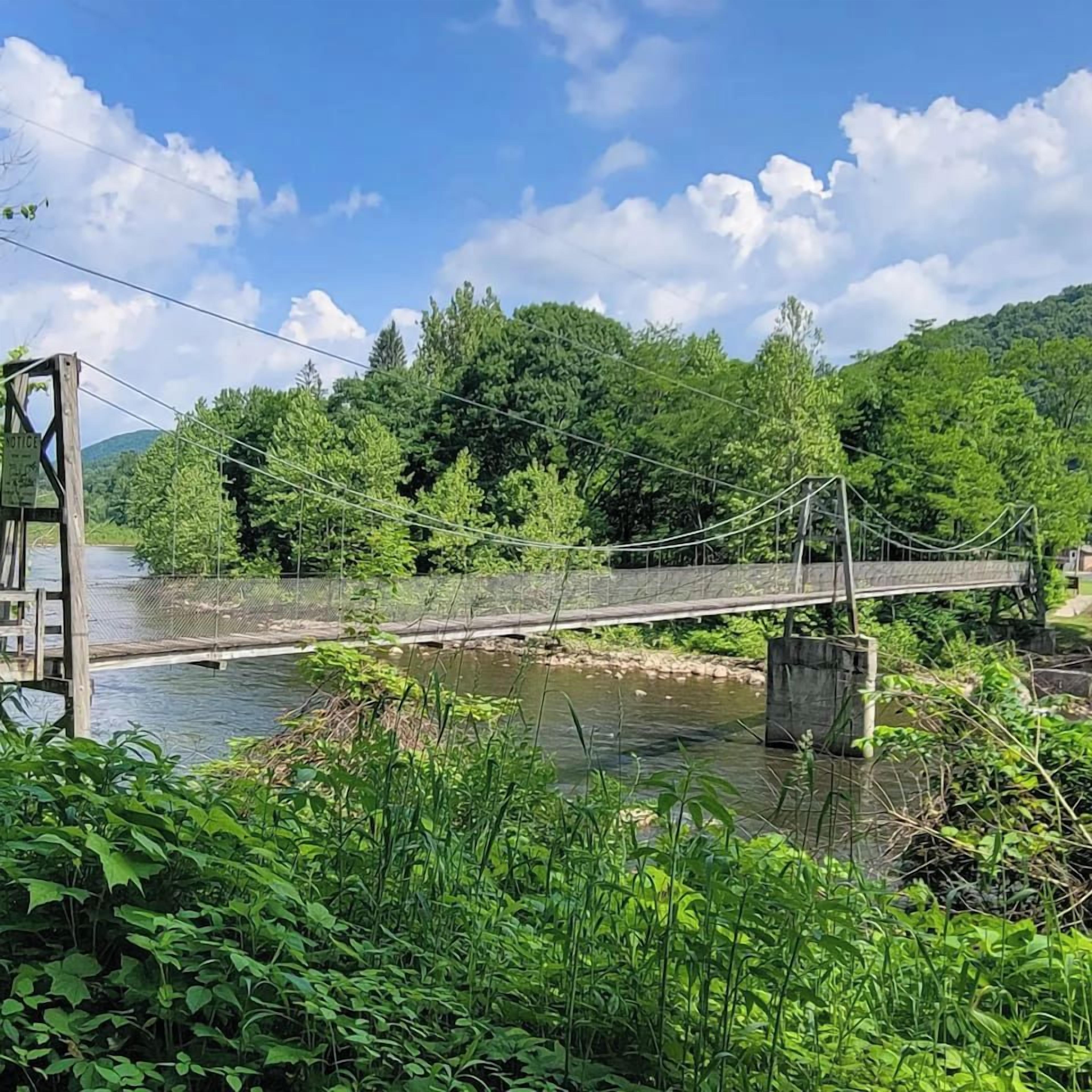 A suspension bridge over a river with dense greenery on both sides.
