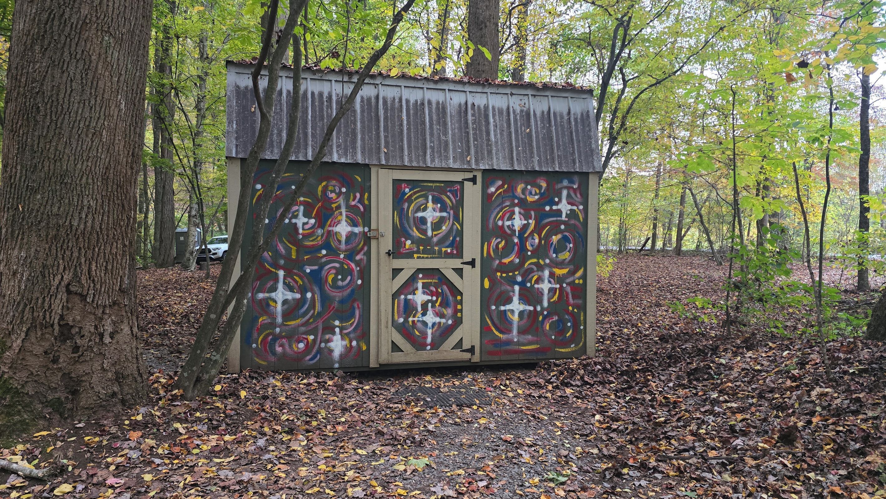A small, rustic shed with a corrugated metal roof, surrounded by trees and covered in colorful graffiti.