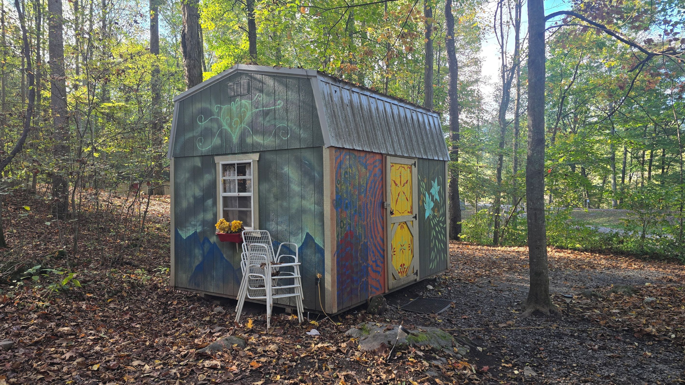 A small wooden shed with a window and a door, surrounded by a forest.
