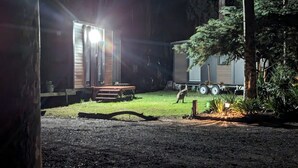 Um camping com estrutura de madeira, uma mesa e uma carreta.