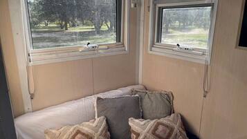 A room with a bed, two windows, and a view of trees.