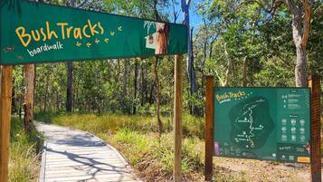 Ein Promenadeweg mit der Beschriftung 'Bush Tracks', einer Karte und einem Informationsschild.