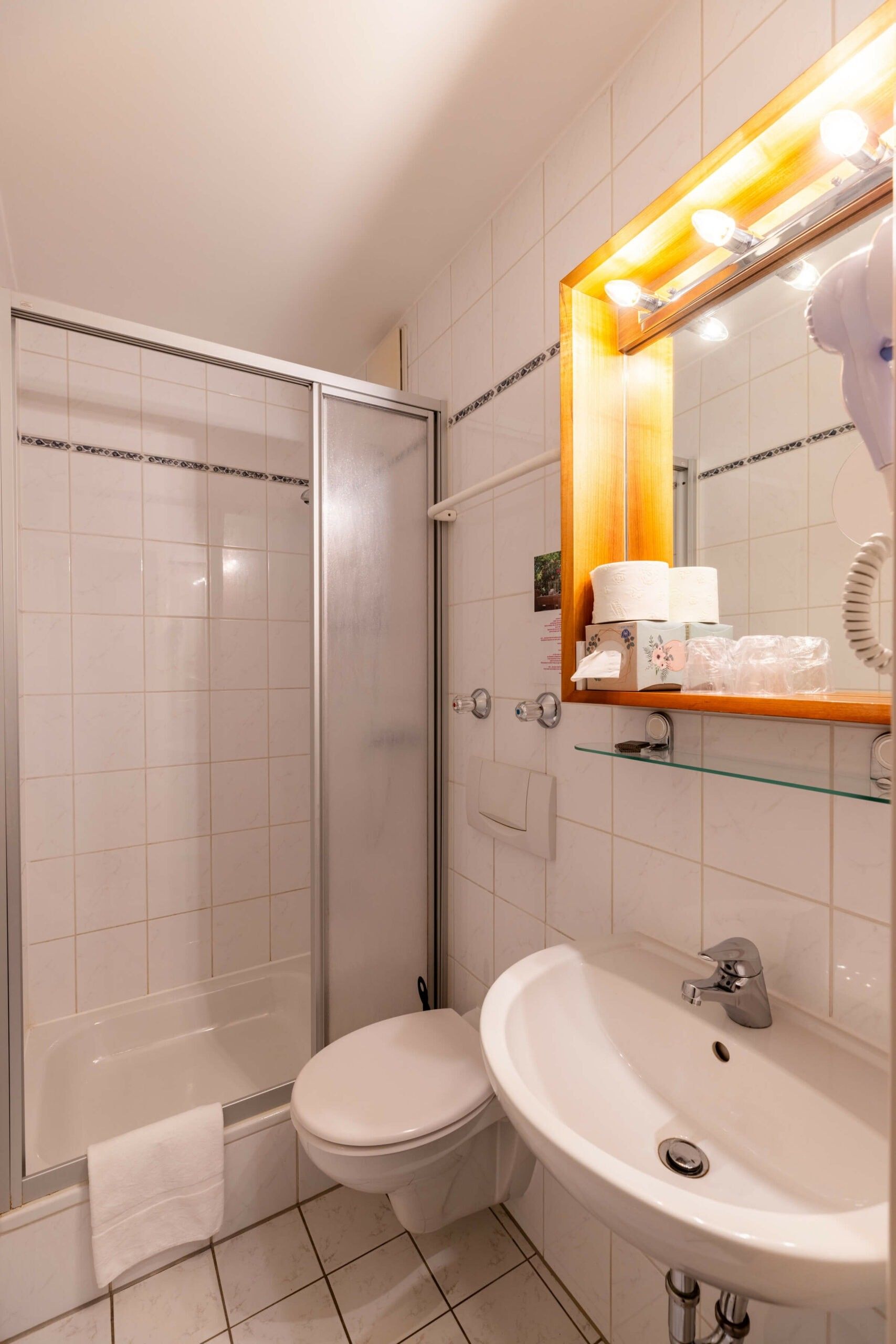 Ein Badezimmer mit Duschkabine, Toilette, Waschbecken mit Spiegel und Handtuchhalter.