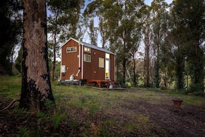 A wooden cabin with a small porch, surrounded by trees.