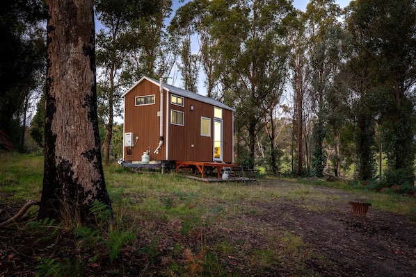 A wooden cabin with a small porch, surrounded by trees.
