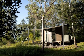Uma cabana moderna térrea com uma grande porta de vidro, rodeada por árvores densas e vegetação natural.