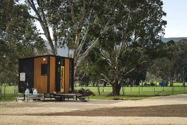 A small, single-story cabin with a wooden exterior and a yellow door, situated in a grassy area with trees and a fence in the background.
