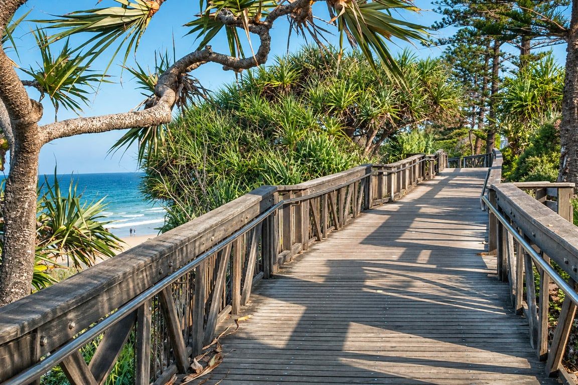 A wooden boardwalk leading to a beach with palm trees and ocean views.